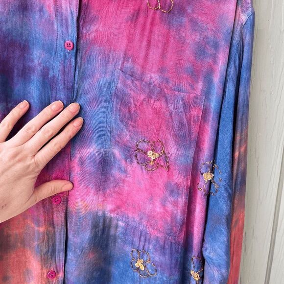 Vintage 2OFUS 90s Tie-Dye Embroidered Floral Sequin Oversized Boho Shirt - Picture 6 of 9